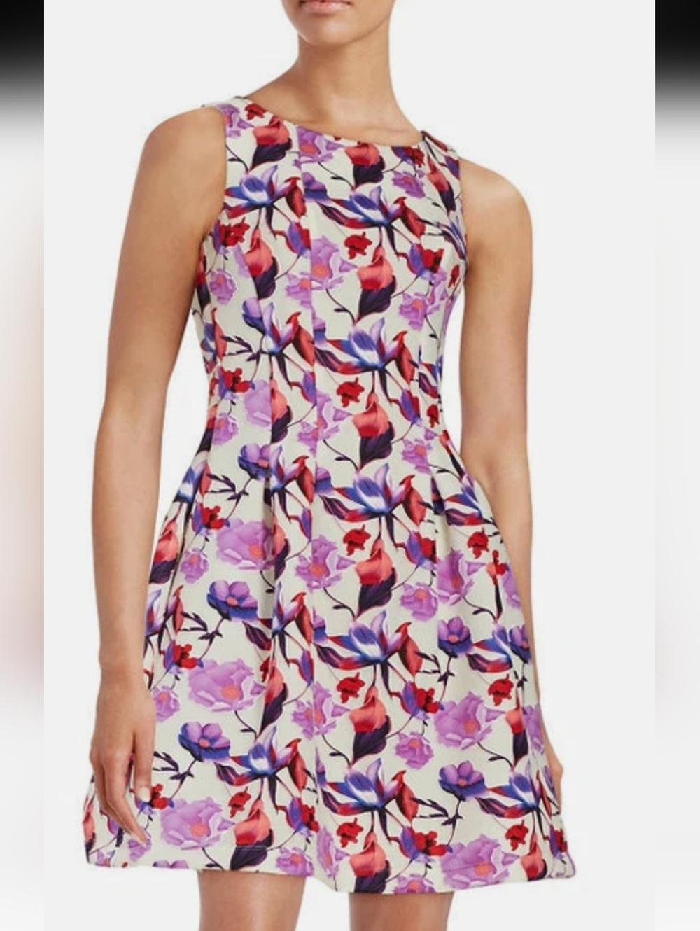 Gabby Skye Cream Floral Fit-and-Flare Dress with Purple and Pink Blooms Size10.